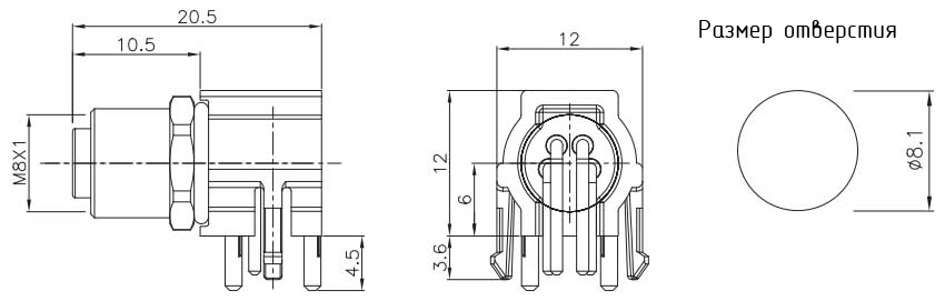 Разъём питания M8, 4 контакта (female), угловой