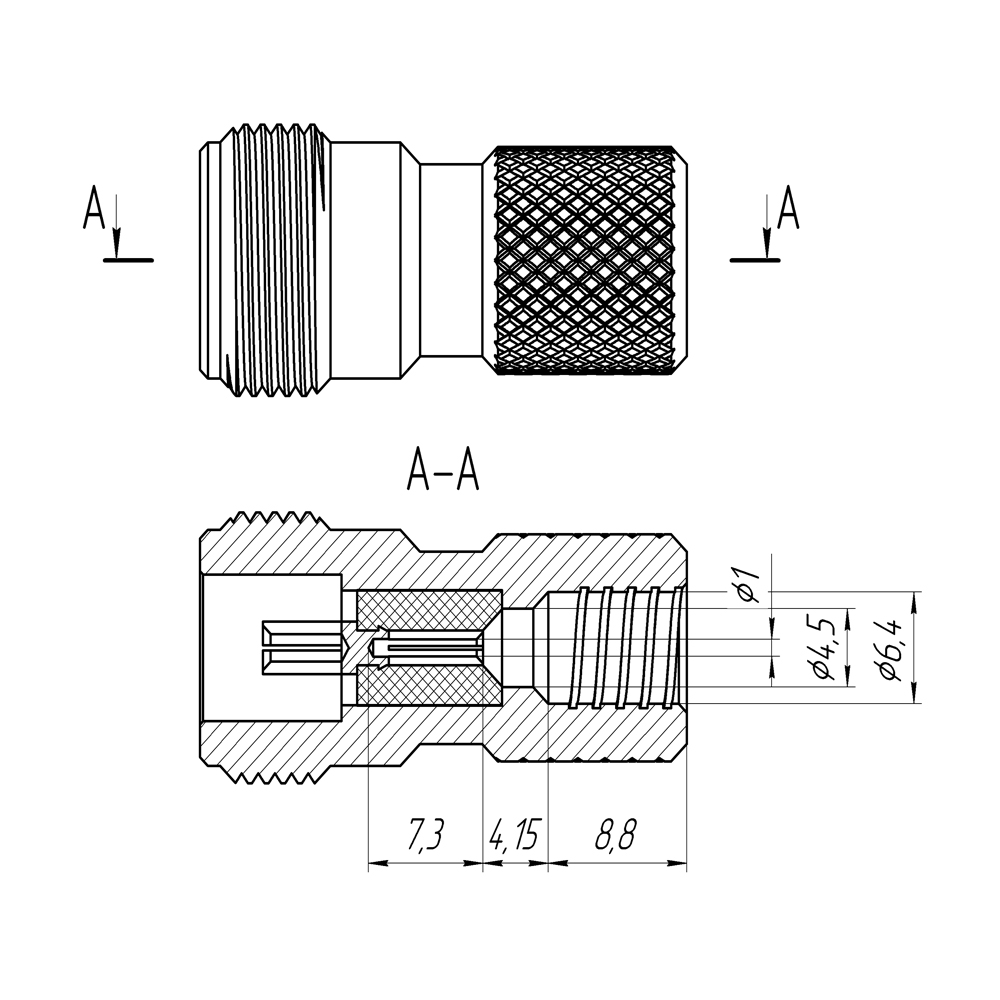 Разъем N(female) накручивающийся на кабель RG-6U, SAT-703